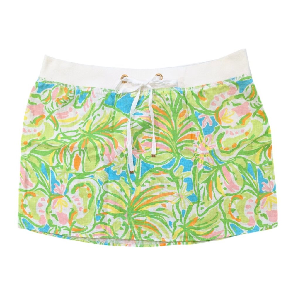 LILLY PULITZER 100% Linen Skirt XL Mini Tropical Floral Stretch Drawstring Waist